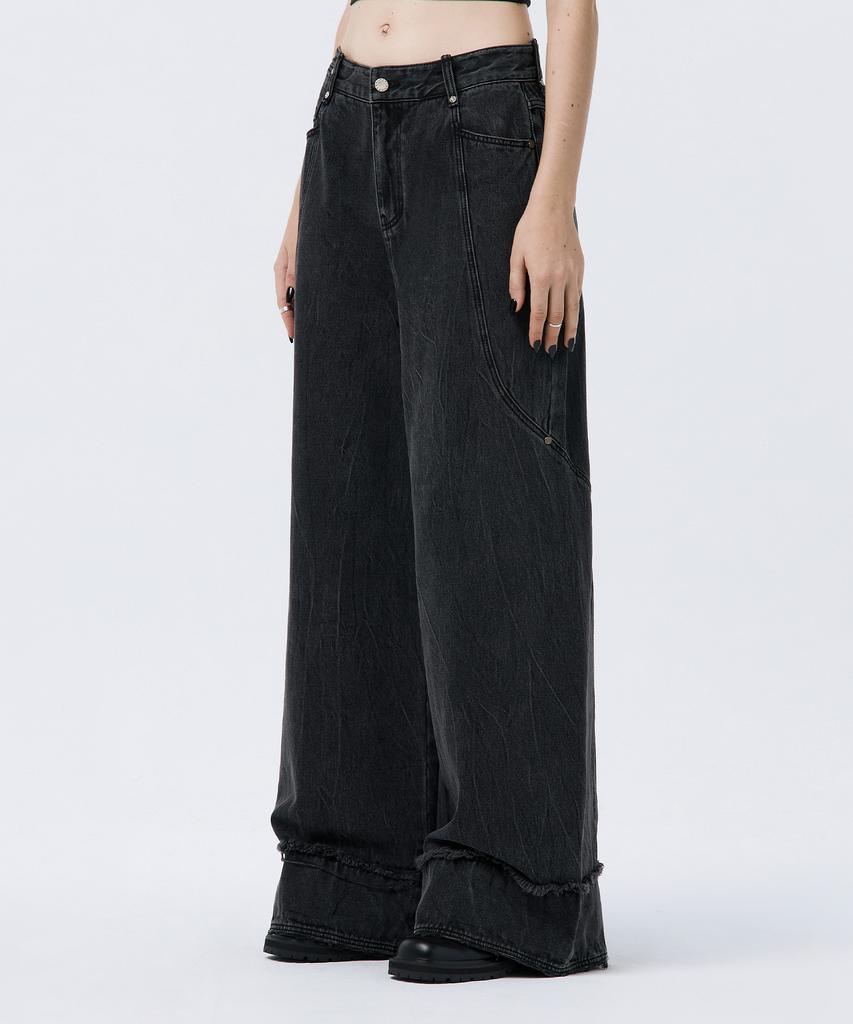 Teulimingbeodeu Turn-Up Wide Denim Pants [ Black ]