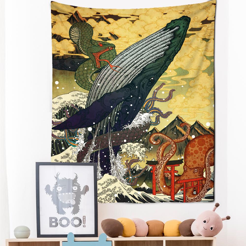 Japanese Illustration Tapestry Wall Hanging Kanagawa Wave Printing Bohemian Hippie Bedroom Home Decor