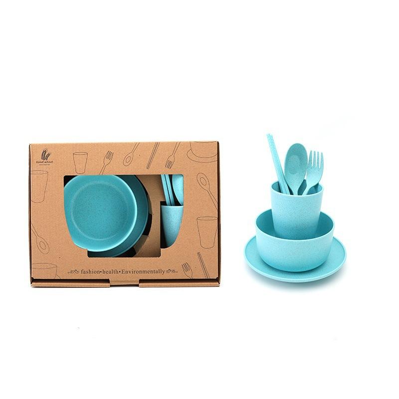 6Pcs Wheat Straw Dinnerware Set for Kids, Reusable Eco-Friendly Tableware Includes Bowl Plate Spoon Fork Chopsticks, Portable Gift Utensils
