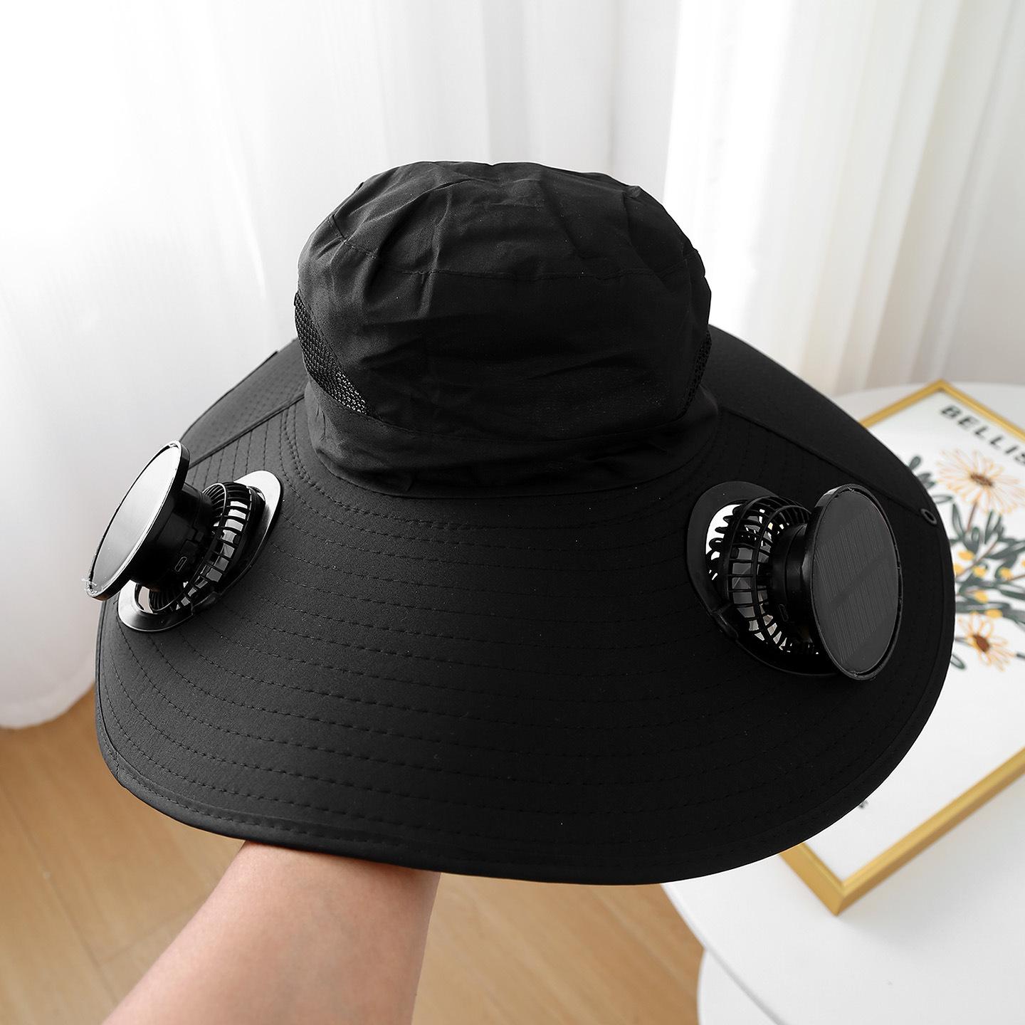 

Outdoor Summer Sun Hat With 2 Fan Large Brim Windproof Strap Solar Or USB Charging Anti UV Sun Fishing Cap чорний