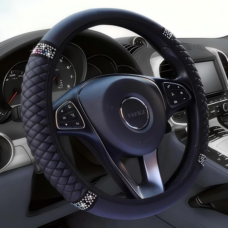 Soft Leather Car Steering Wheel Cover, Universal 15 Inch Colorful Rhinestones Anti-Slip Elastic Steering Wheel Covers For Most Cars, Sparkly Crystal