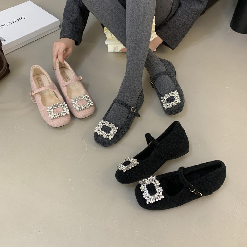2025 autumn and winter new temperament Mary Jane shoes women's velvet French square head rhinestone fluff shoes inner height increase single