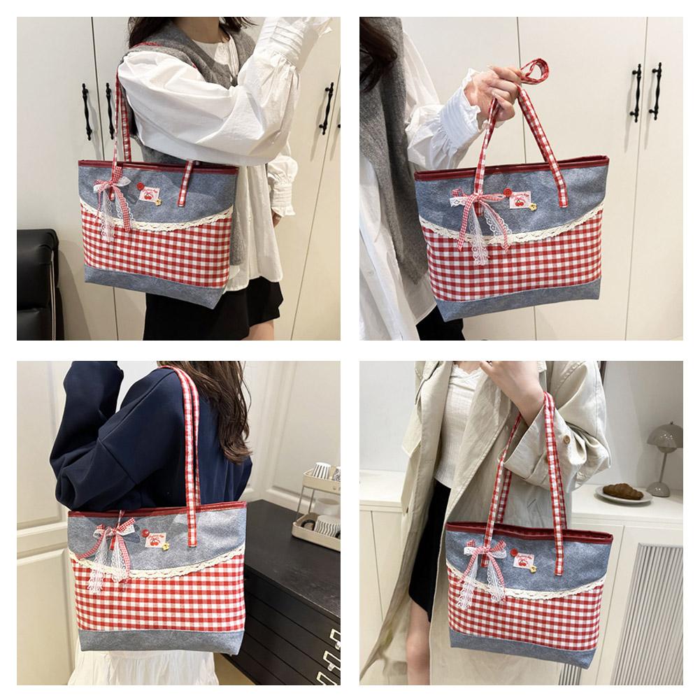Retro Bow Lace Shoulder Bag Leisure Grid Large Capacity Handbag Underarm Bags Commuting Tote Bags College Students Schoolbag
