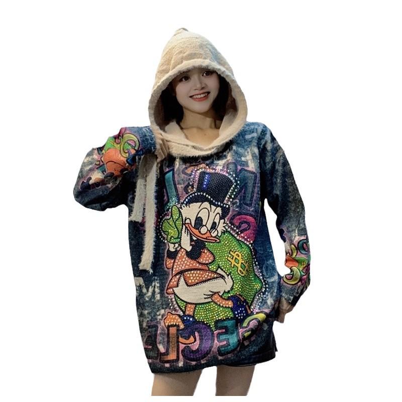 2024 Autumn Women's Plus Size Rhinestone Donald Duck Hooded Sweater: European Style Loose Fit Plush Top