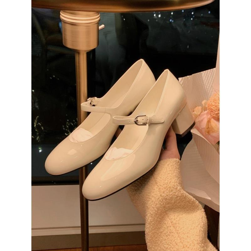 Sheepskin thin thick heel with Mary Jane shoes women's leather light mouth single shoes retro high heels work shoes
