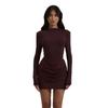 European and American women's clothing autumn new temperament solid color round neck long sleeve pleated hip wrap dress women