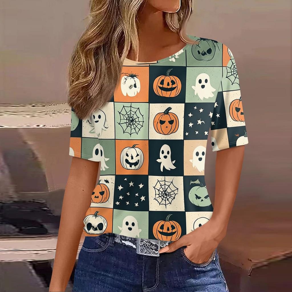 Women's Casual Short Sleeve Pullover Top Halloween Print Bat Pumpkin Ghost Spider Web Round Neck Shirt