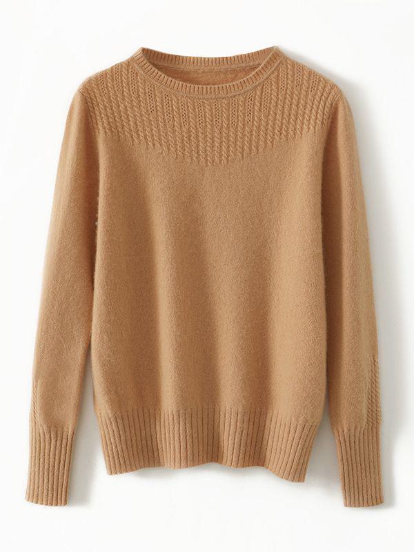 Women's Pure Wool Hollow-Out Sweater - Autumn/Winter Short Style, Round Neck, Stylish Knit Design, Textured Base Layer 100