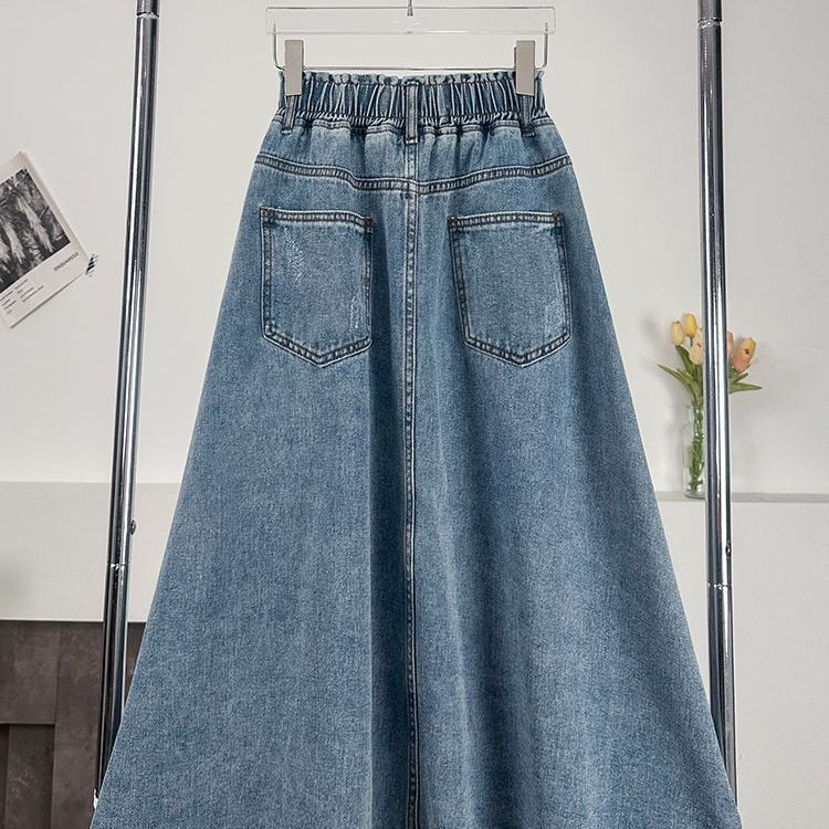 Gonna Lunga in Denim Taglie Forti Vita Alta Vita Elastica Extra Soffice per 170 Libbre Gonna a Matita a Svasatura Metà Corpo Autunnale da Donna