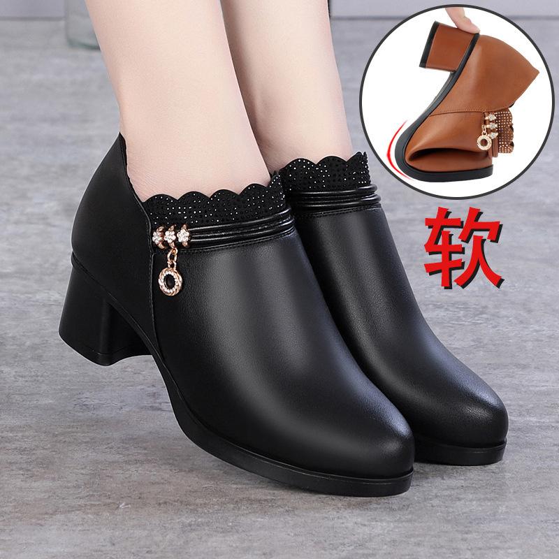 Solid Spring Autumn Women Fashion Pumps Thick High Heels Soft Comfortable Mam Zip Shallow Women Shoes