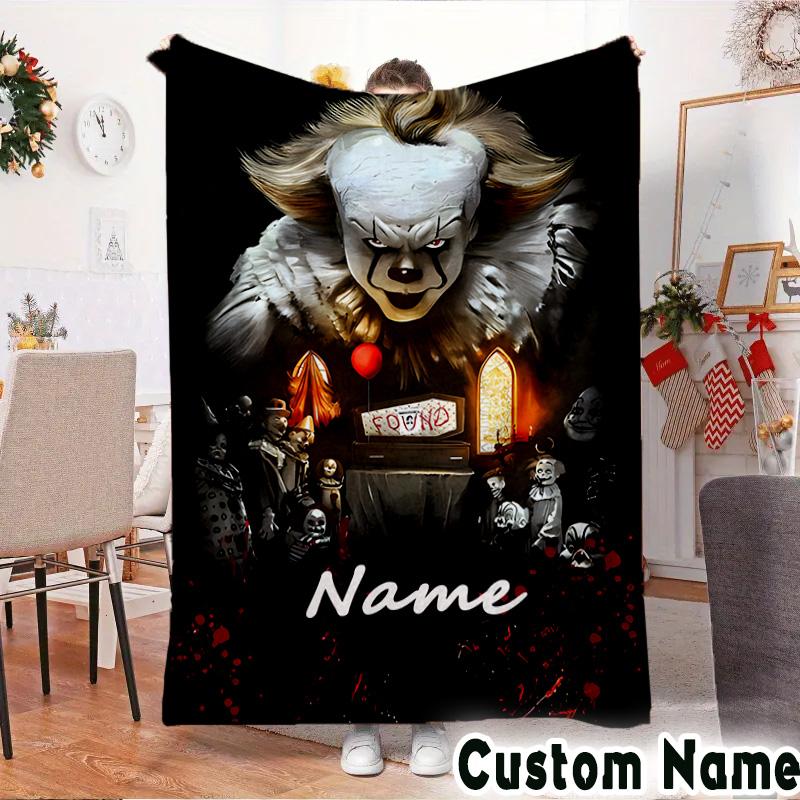 Custom NameClown Horror Blanket Flannel Throw for Sofa, Indoor, Camping, Living Room, Office, Chair, And Bed Soft Birthday Christmas Gift