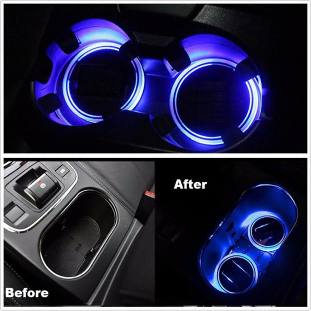 Pair 68Mm Round Solar+Usb Charging Car Cup Holder Bottom 7 Color Rgb Led Lights