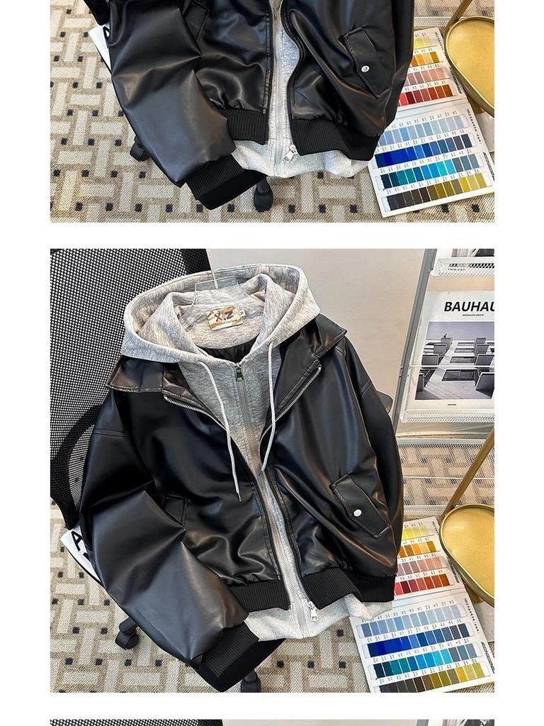 Męska Hipsterska Skórzana Kurtka Motocyklowa z Kapturem PU - Modny Styl Dwuczęściowy