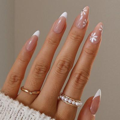 24Pcs Almond Shaped Daisy Print Full Coverage Fake Nails Waterproof Reusable Press On Nail Art Tips