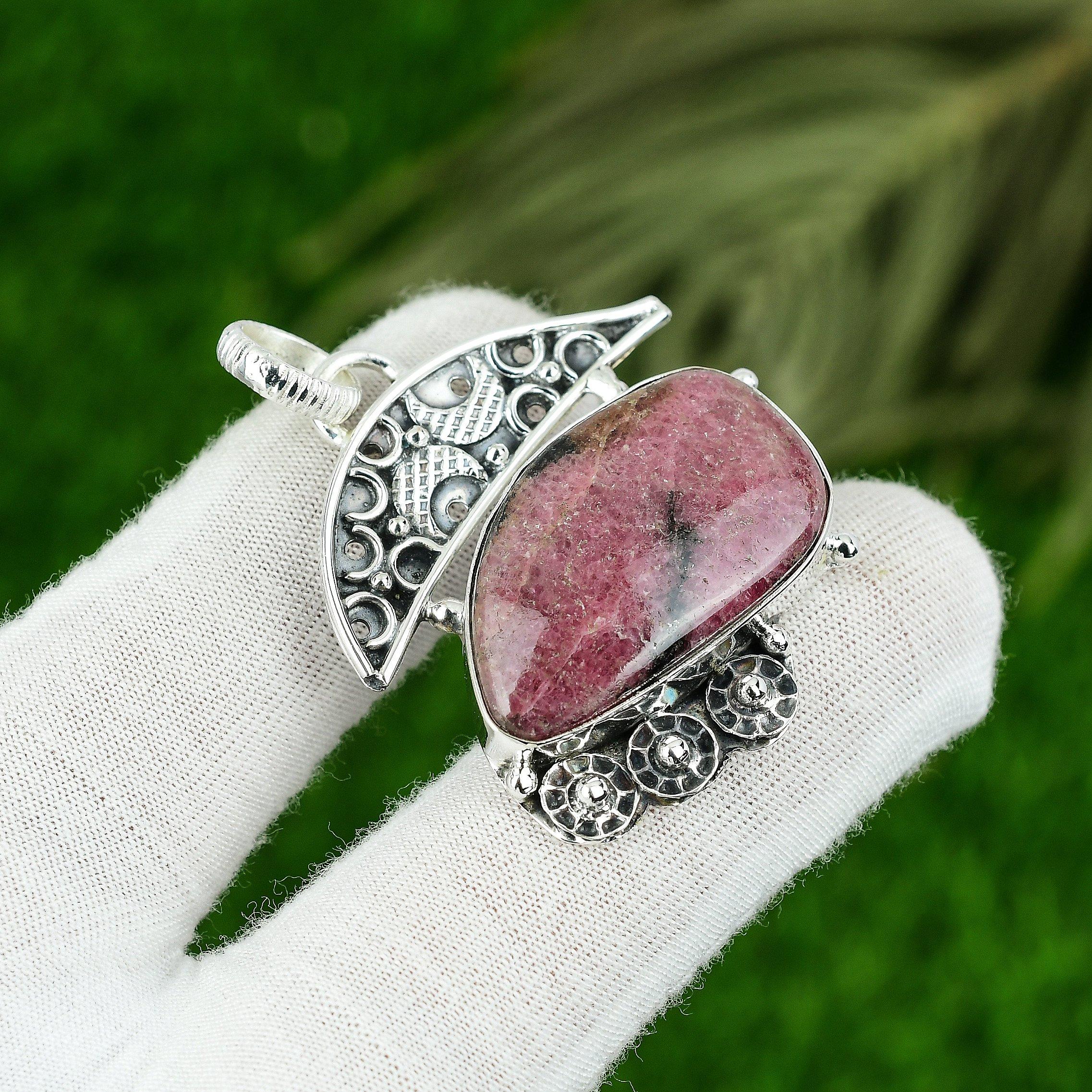 

Heart Chakra Natural Rhodonite Trendy Elegant Pendant Jewelry Sterling Silver