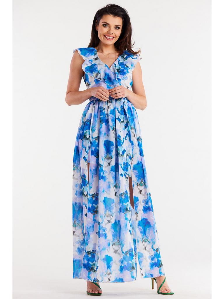 V-Neck Chiffon Maxi Dress with Blue Floral Pattern S