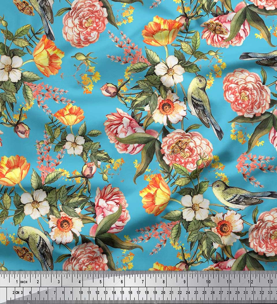 

Тканина Soimoi Japan Crepe Satin Leaves, Bird & Camellia Flower Print Тканина на метр 42 дюйма 42 Inch Wide - Poly Crepe синій