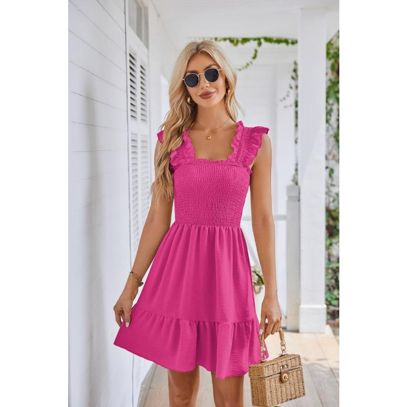 

Летнее платье трапециевидной формы без рукавов, женское эластичное плиссированное короткое мини-платье с квадратным вырезом, женское элегантное однотонное свободное повседневное вечернее платье 1044 XL розы красного