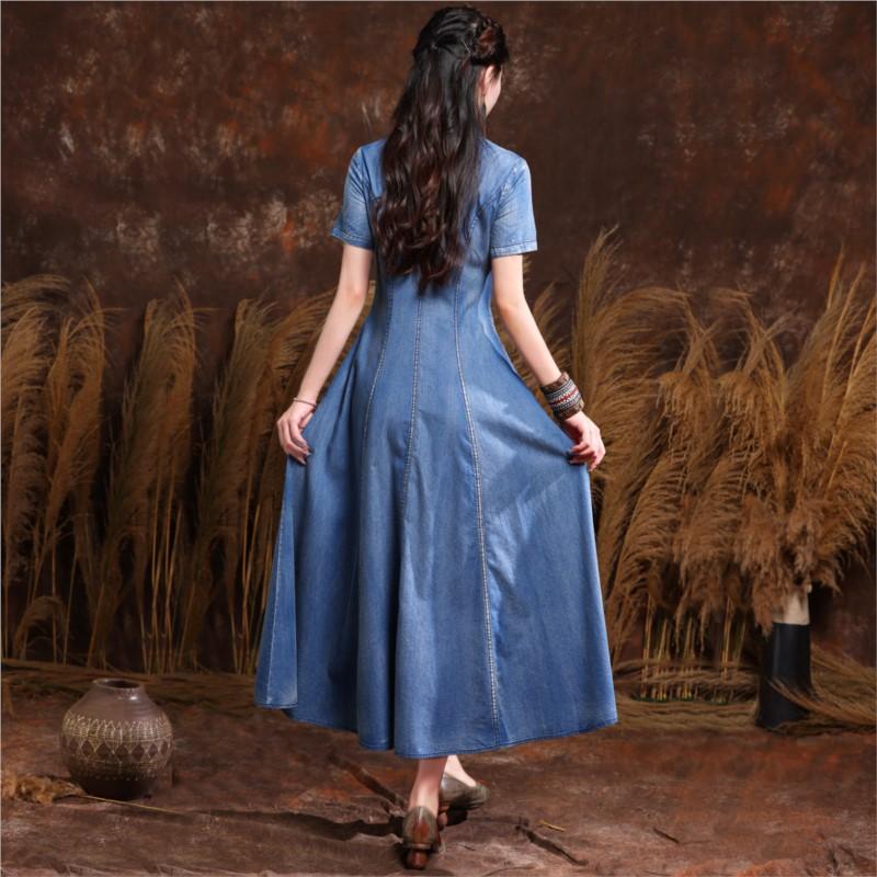 Johnature Léto Ženy Móda Čínský styl Výšivka Kovboj Neformální šaty Vintage šaty s krátkým rukávem a výstřihem do V