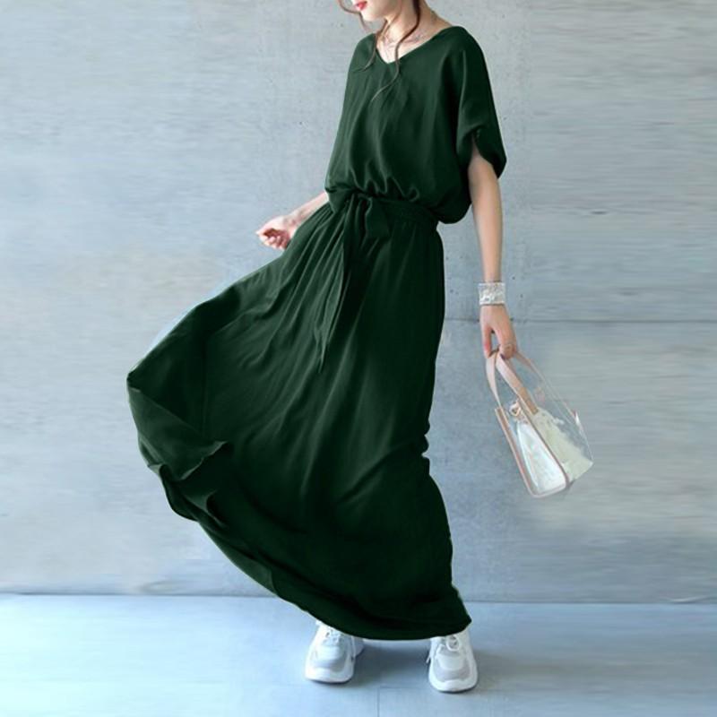 Women s Plus Size V-Neck Tie Waist Short Sleeve Maxi Dress Loose Fit Flowy A-Line S зелёный