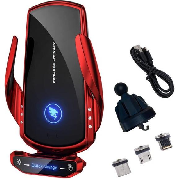 15W Wireless Car Charger Automatic Sensor Clamping Charging Mount Phone Holder Air Vent + Dashboard Suct красный