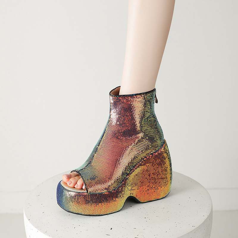 Krazing Pot Sequin Cloth Spring Summer Size 43 Size 42 Women Platform Women Peep Toe Toe Sexy Summer Boots Zipper Thick Bottom Pumps