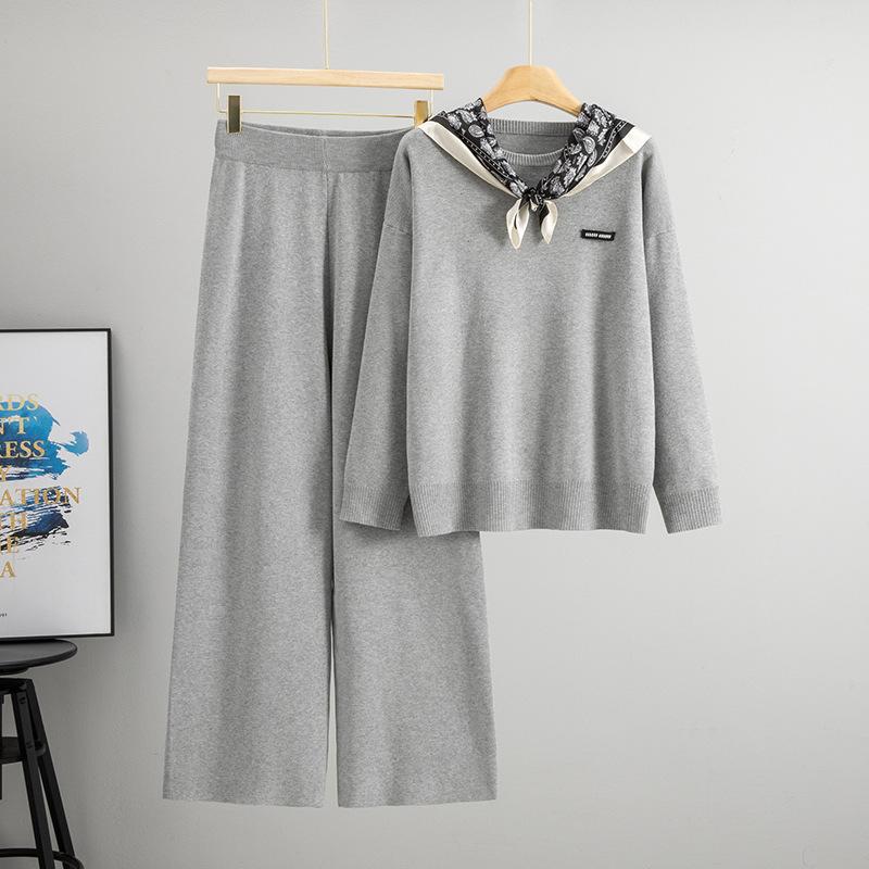 A Two-piece Sweater Set for Women, Featuring A Laid-back Style, Round-neck, Long-sleeved, Loose Knitted Top and High-waisted Wide-leg Pants