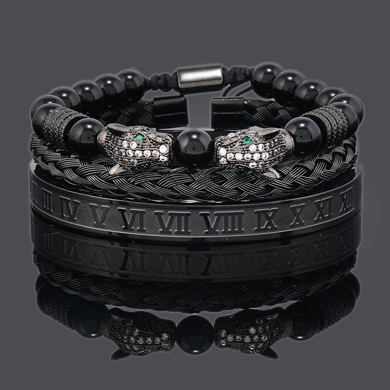 Luxury Black Stone Beads Leopard Head Man Bracelet Enamel Stainless Steel Roman Bangles Women Jewelry 3 pieces make a set