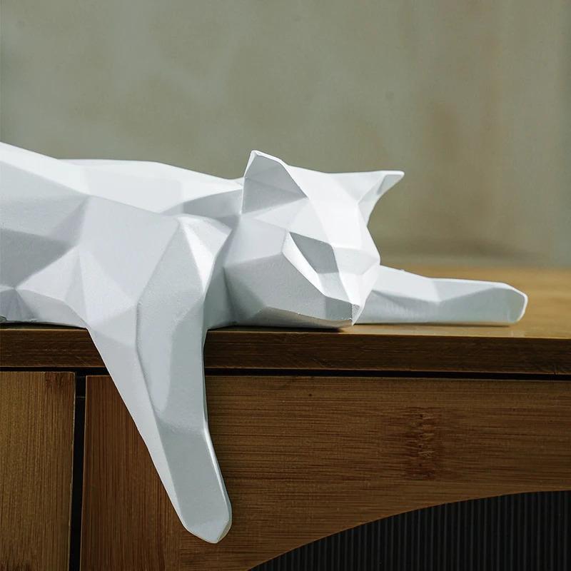 Geometric Black White Cat Statue, Modern Lying Cat Figurine Sculpture, Home Office Table Shelf Desk Decor, Cute Pet Lover Gift
