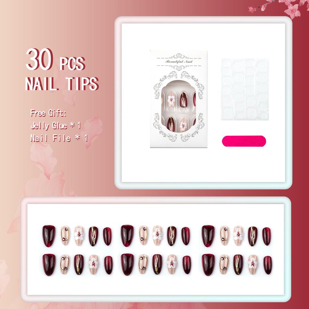 30 pieces of red 3d three-dimensional flower almond wearing armor advanced handmade small diamond fake nails