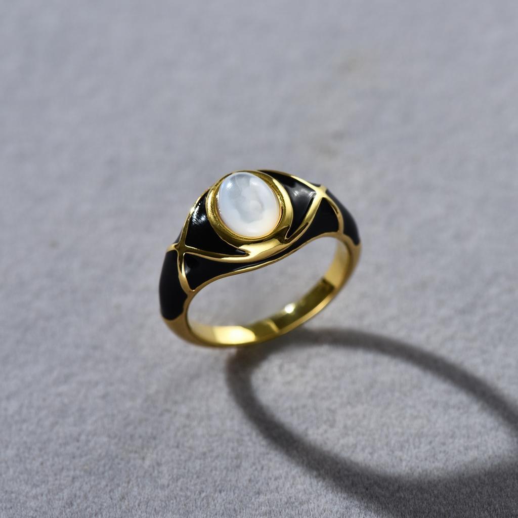 Unique Personality Black Drop Glaze High-Grade Metal Copper Plated 18K Real Gold Inlaid White Shell Ring Fashion Temperament Ring