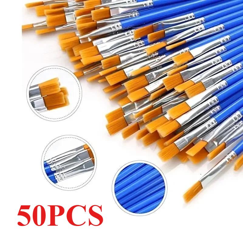 50Pcs Painting Brushes Set – Soft Nylon Hair, Round & Flat Tips Easy to Use for Oil/Acrylic/Watercolor Great for Kids to Artists