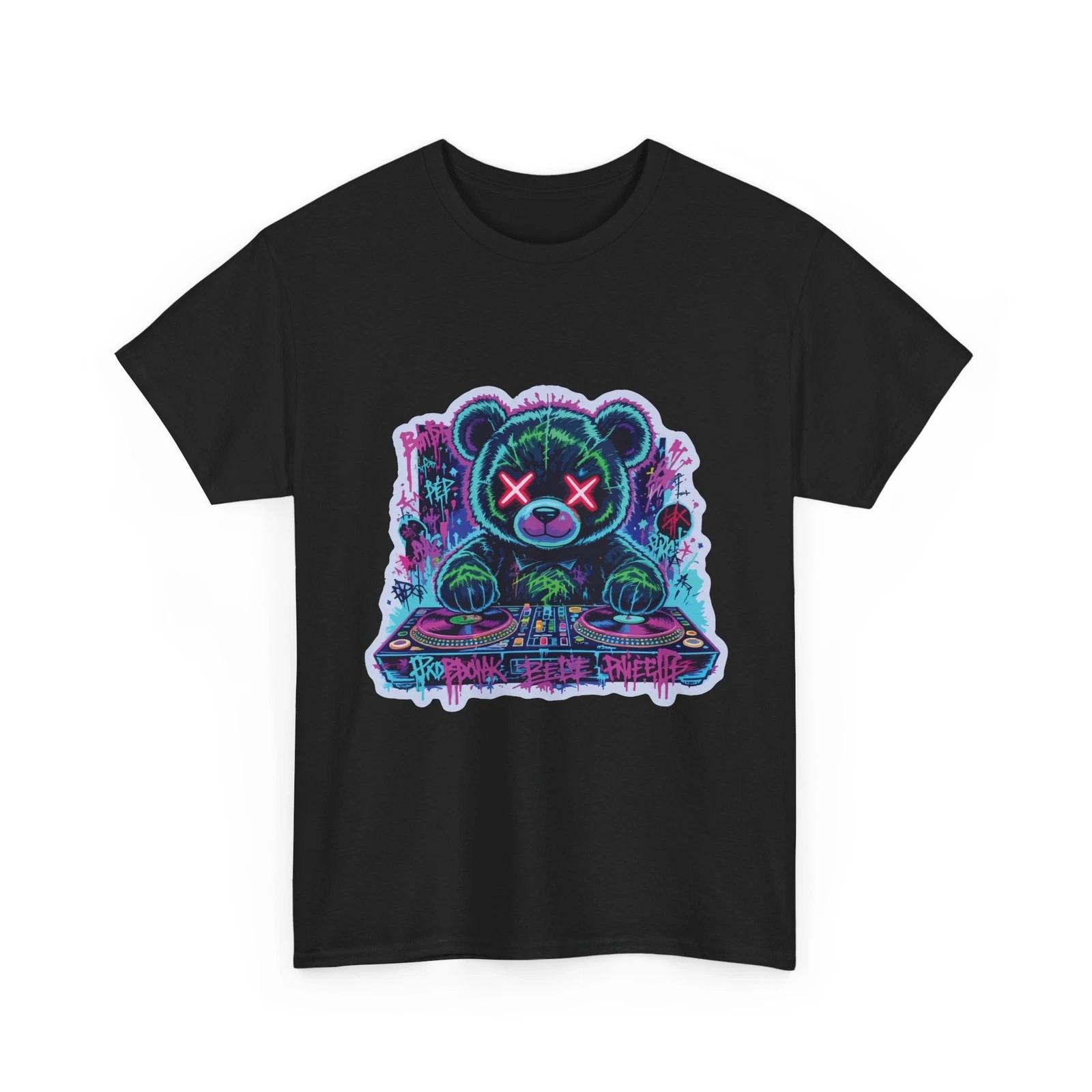 Dj Teddy Bear T-Shirt Neon Graffiti Bear Streetwear Graphic Tee M