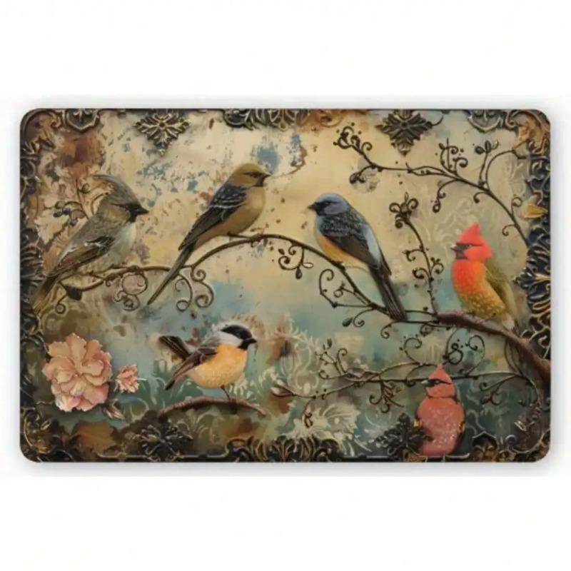 Art Mural Métallique d'Oiseau Gaufré 3D Vintage Panneau Décoratif de Jardin Floral de Ferme Rustique
