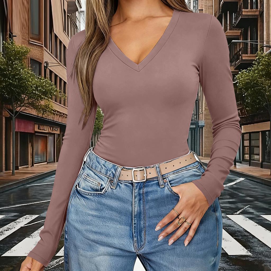Women's Color V,Neck Slim,Fit Long,Sleeve Top