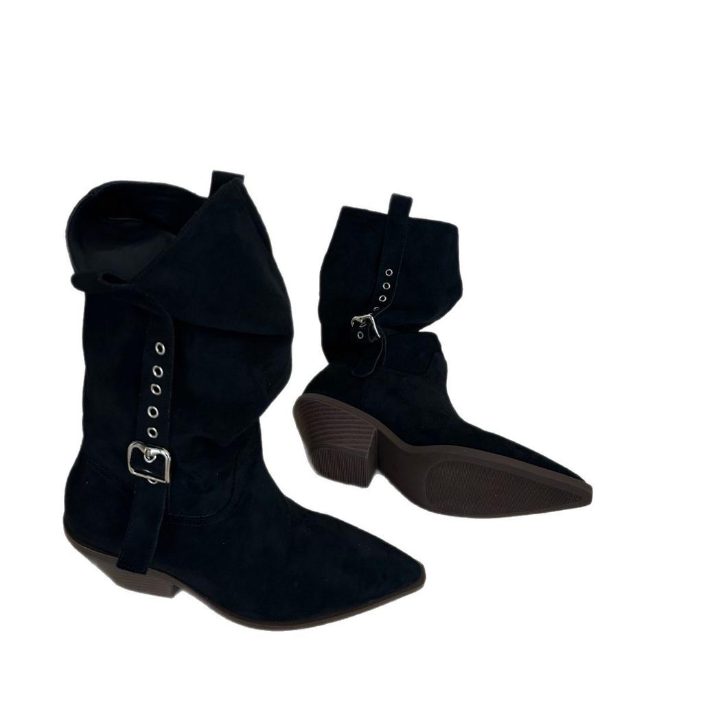 2025 Autumn and Winter New French Retro Thick Heel Western Cowboy Boots Women's Pointed Belt Buckle Medium Boots
