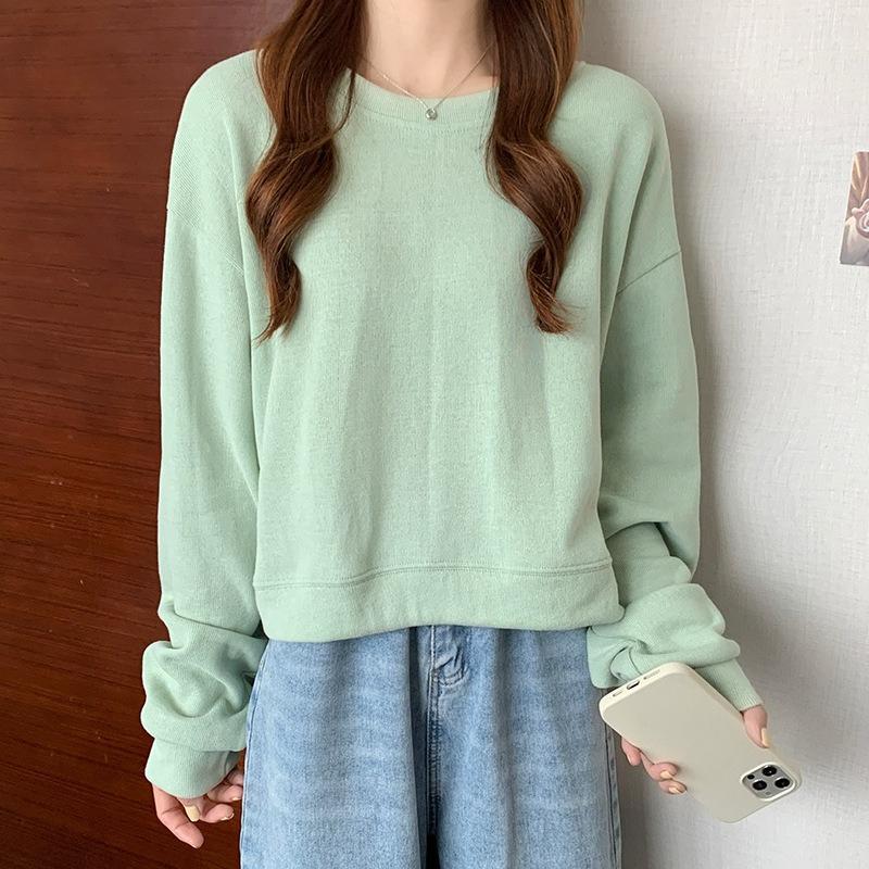 Spring Autumn Korean Minimalist Solid Loose Cropped Long Sleeve Round Neck Hoodie Women Student High Waist Top