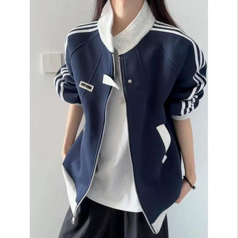 Unisex Heavyweight Color Block Striped Cardigan Hoodie: Trendy Autumn/Winter Baseball Jacket with Stand Collar