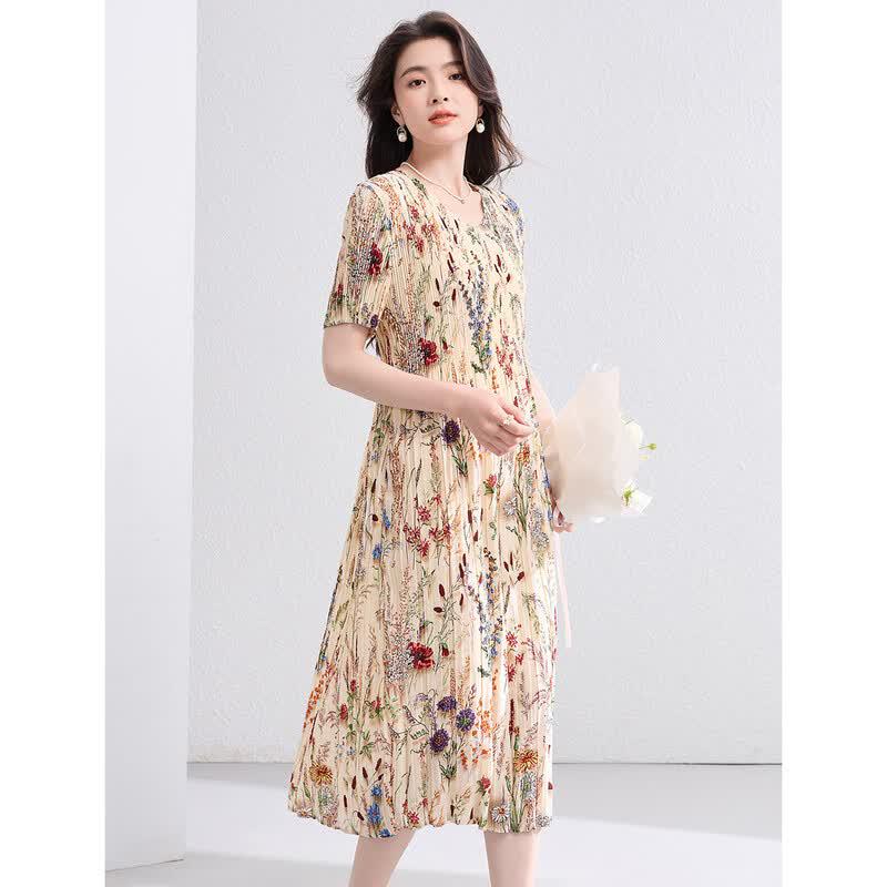 Women s Floral Print Pleated Midi Dress M