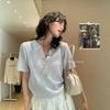 Oatmeal temperament hollow polo collar short-sleeved knitted sweater women's summer old money style high-end front shoulder t-shirt top