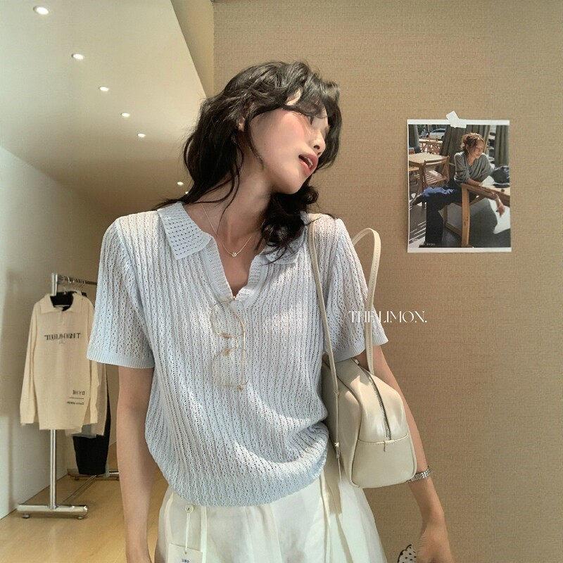 Oatmeal temperament hollow polo collar short-sleeved knitted sweater women's summer old money style high-end front shoulder t-shirt top