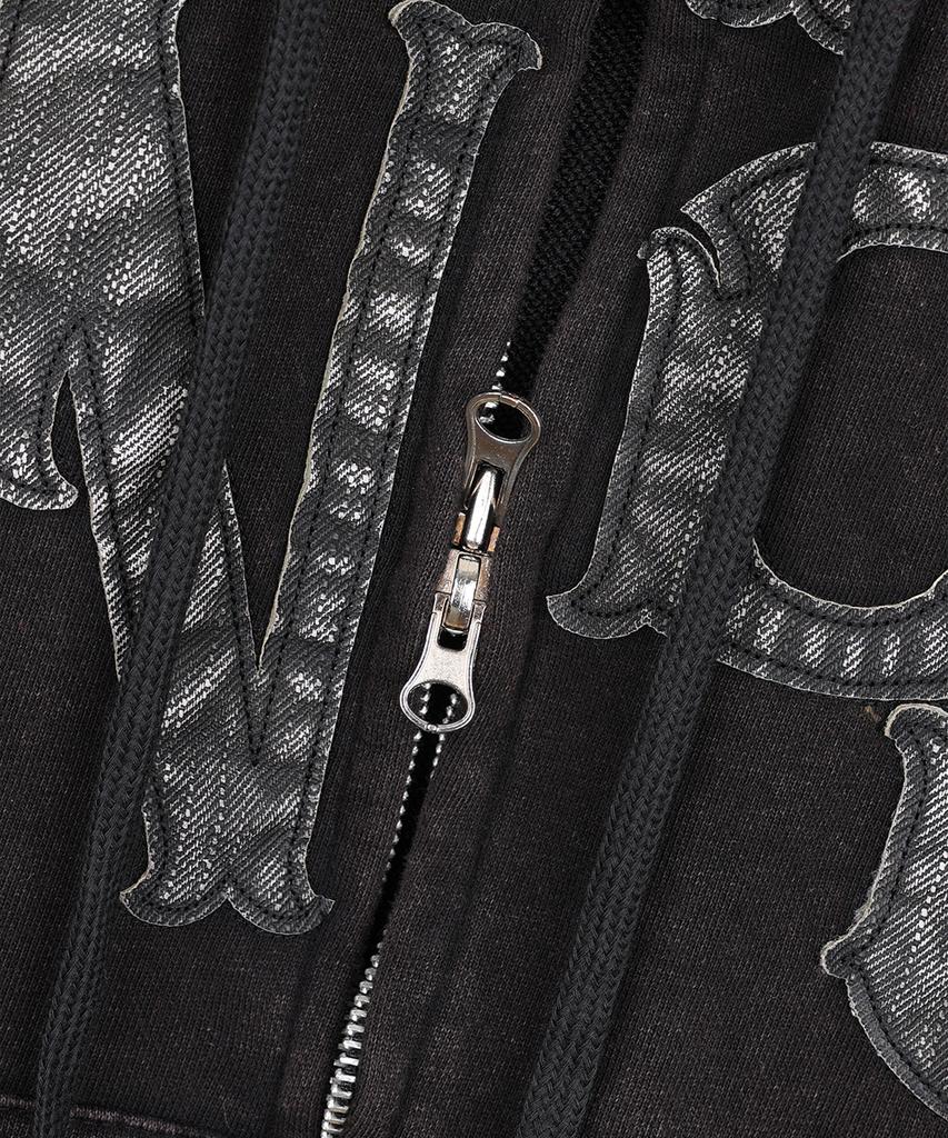 Easy No Easy Washed Leather Patch Zip-Up Hoodie - Black