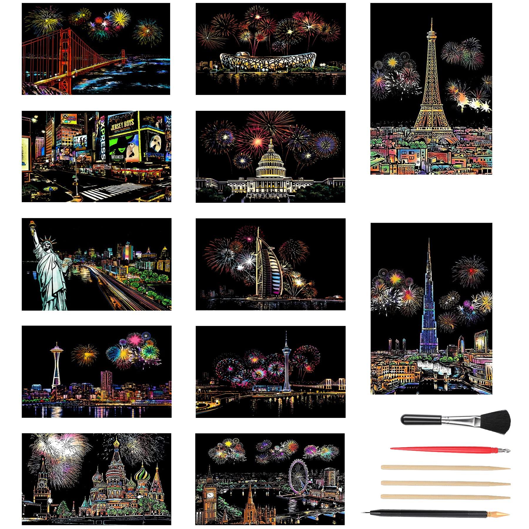 

JANLOFO Scratch Art Set 12 Sheets A4 Size with Scratch Pen Handmade Gift Room Decoration Fireworks