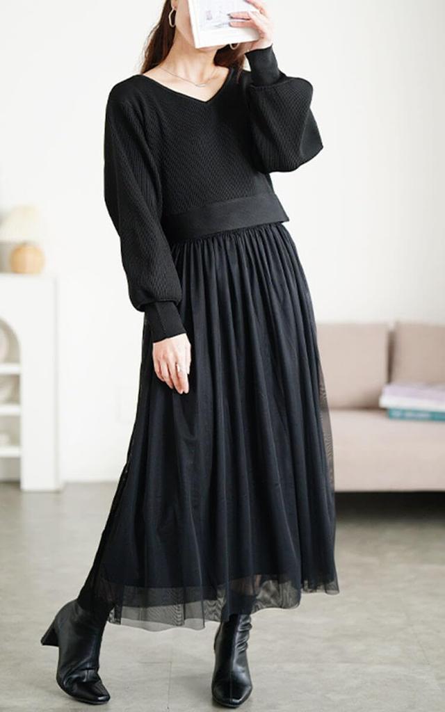 Gold Japan Plus Size Long Sleeve Knit Tulle with Ribbed Size Size 4L Women's Dress, V-Neck, Stretch, Fall/Winter/Spring, Sum-0017, Black,