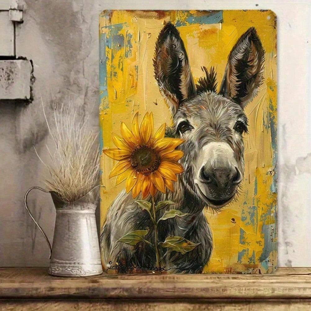 Décoration murale en métal style ferme vintage, motif âne et tournesol, idéale pour le jardin, le salon ou la véranda.