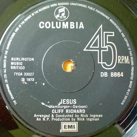 7inch Record CLIFF RICHARD - Jesus DB8864 Columbia 1972 UK Pop Used