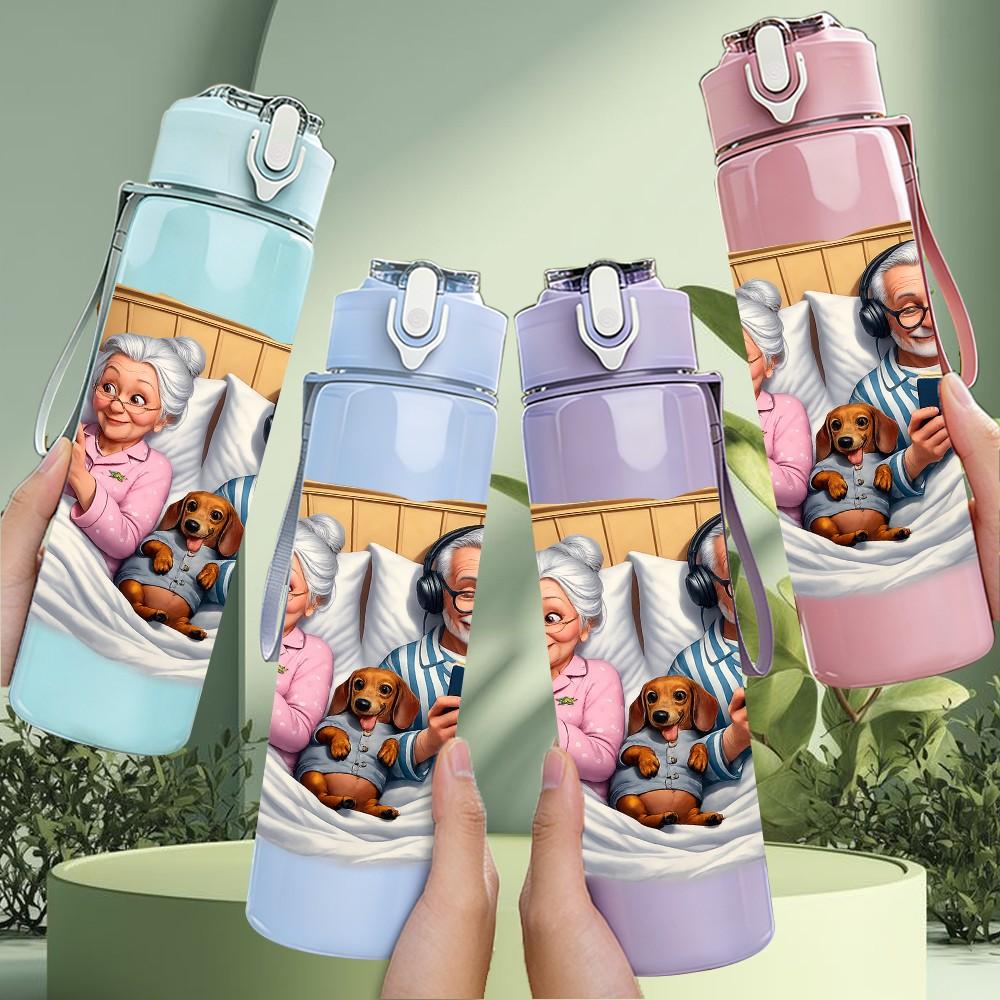 1PC Elderly Couple Warm Pillow Art Print 750ml Color Plastic Sports Water Bottle Leakproof Flip Straw Lid Suitable for Sports Office Home Use