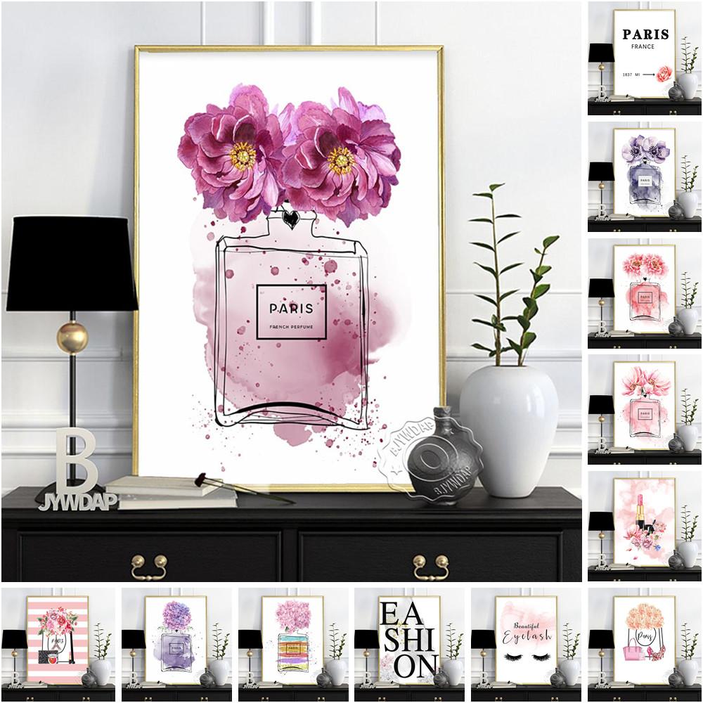 Fashion Illustration Watercolor Floral Prints Art Poster, Flowers Paris Perfume Canvas Painting, Minimalist Wall Decor Girl Gift No Frame