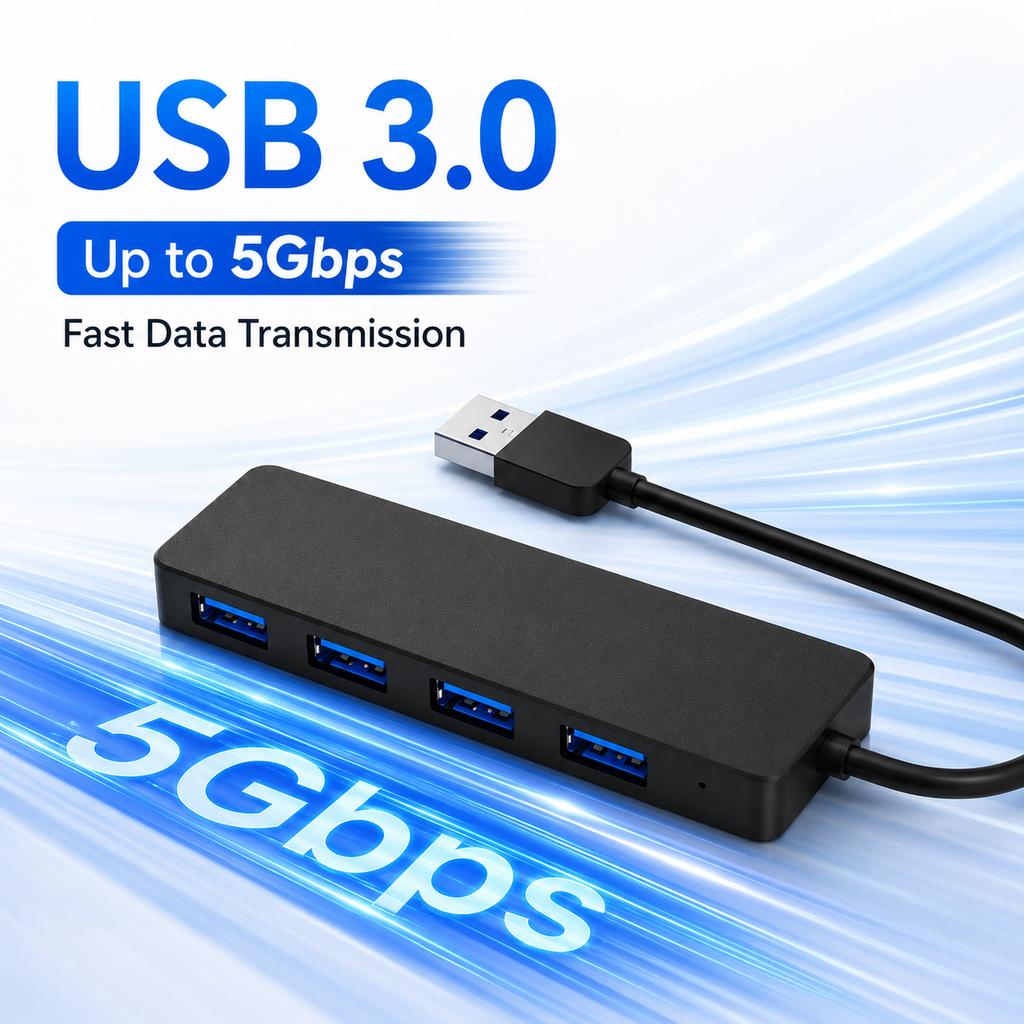 4-Port USB 3.0 Hub 5Gbps High Speed 4-in-1 Portable ABS USB Splitter Plug-and-Play Expansion for Laptops & PCs in Stock
