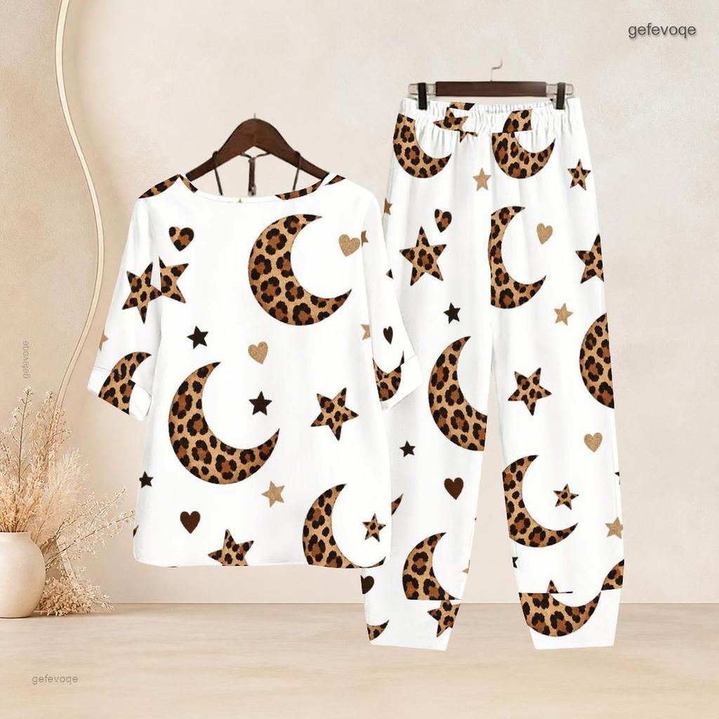 Women Plus Size White Printed Two Piece Set Crew Neck Half Sleeve Top Cross Hem Pants